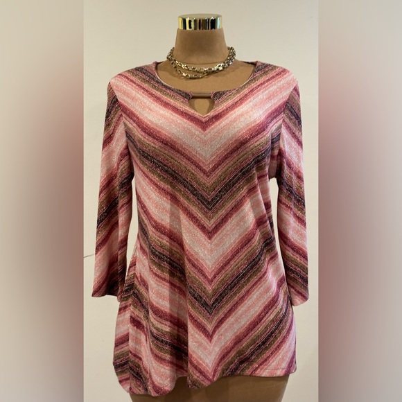 JM Collection Metallic Red Pink Browns Gold Zig Zag Lines. Gold Jewel . Sz M. - Picture 1 of 14